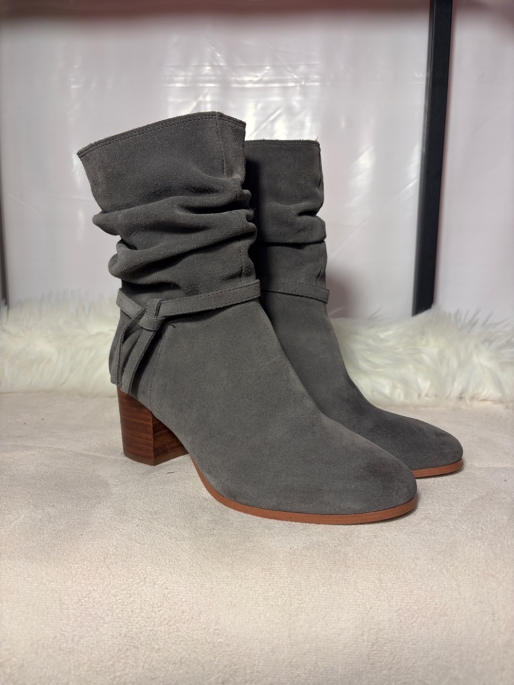 Women's Gray Suede Slouch Ankle Boot with Block Heel
